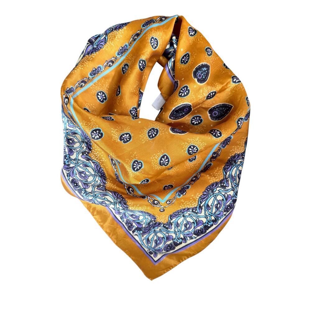 Vintage Italian Acetate Square Scarf 26” Gold Paisley Medallion